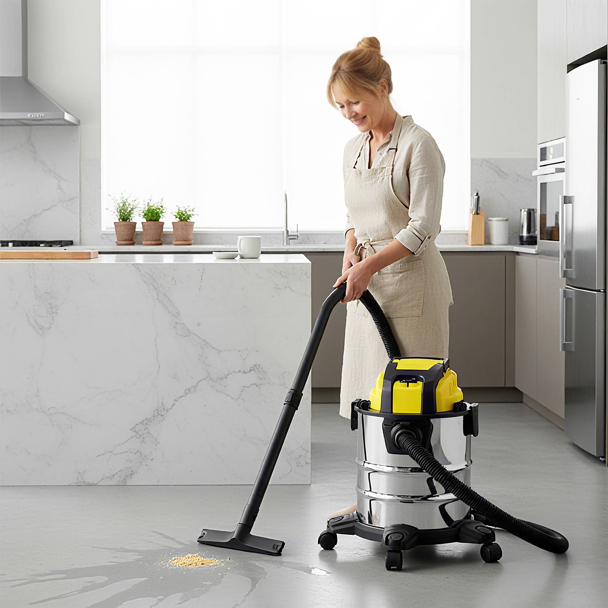 Aspirateur sec et humide 3-en-1 1200W fonction souffleur, tuyau 2m, réservoir inox 20L, jaune - Image 4
