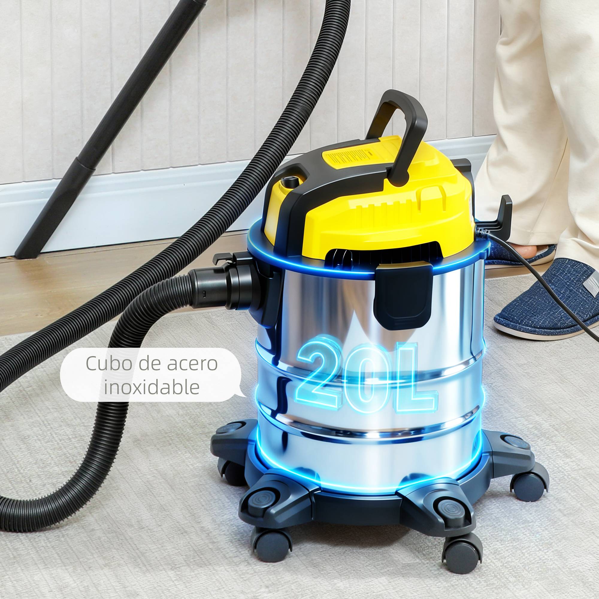 Aspirateur sec et humide 3-en-1 1200W fonction souffleur, tuyau 2m, réservoir inox 20L, jaune - Image 7