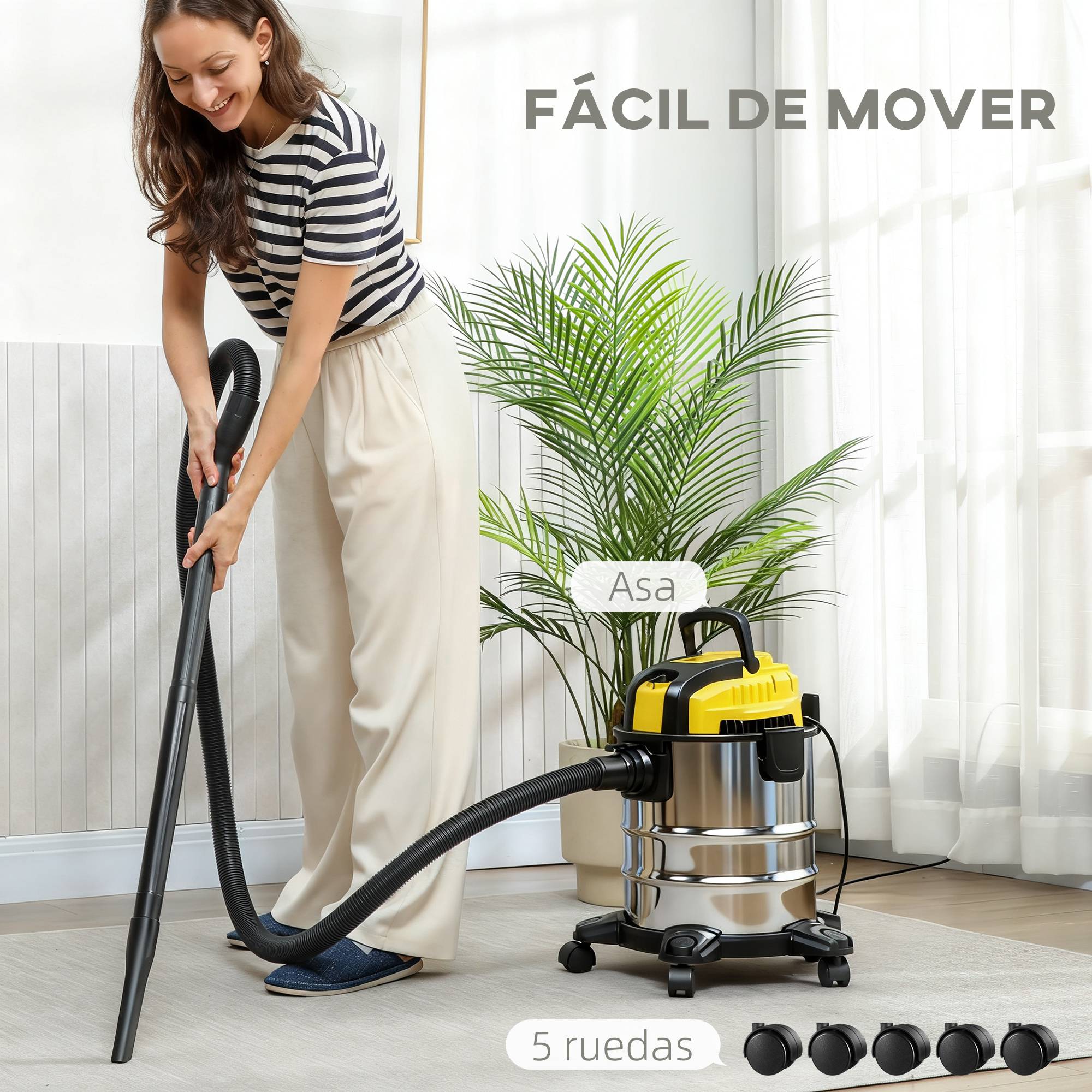 Aspirateur sec et humide 3-en-1 1200W fonction souffleur, tuyau 2m, réservoir inox 20L, jaune - Image 8