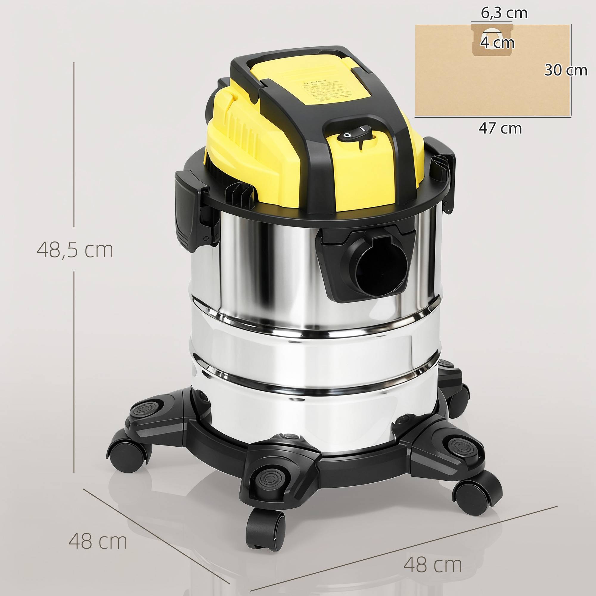 Aspirateur sec et humide 3-en-1 1200W fonction souffleur, tuyau 2m, réservoir inox 20L, jaune - Image 5