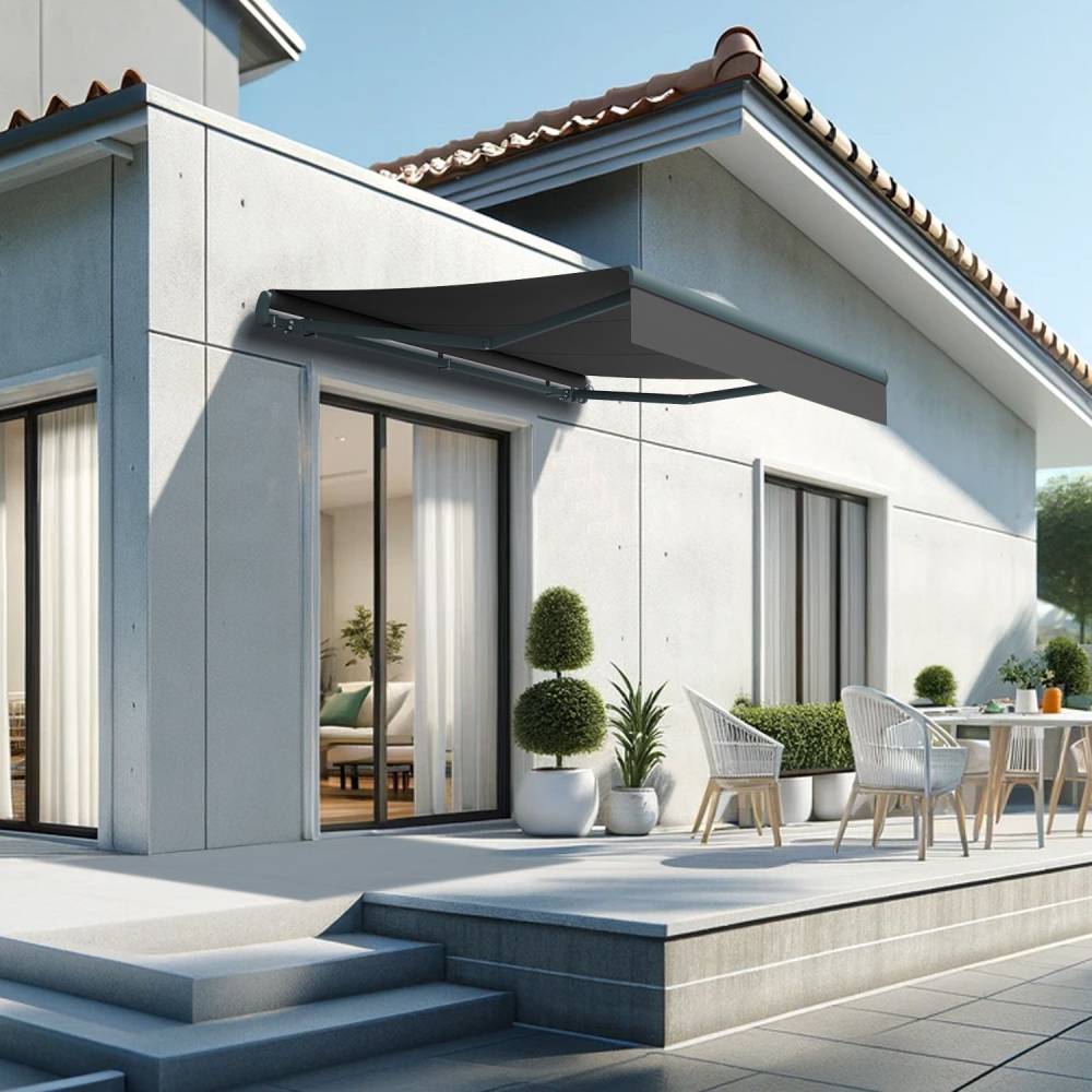 Store banne monobloc ESPAI 3,00x2,00m (Motorisé à interrupteur + manœuvre de secours - Noir - Gris anthracite) - Alia Productions - Imagen 1