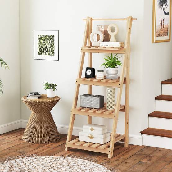 Étagère de Jardin en Bois de Sapin 4 Niveaux, Echelle à Fleurs de 109CM de Hauteur, Support de Plante d'Intérieur Extérieur pour Salon Balcon, Naturel - Image 2