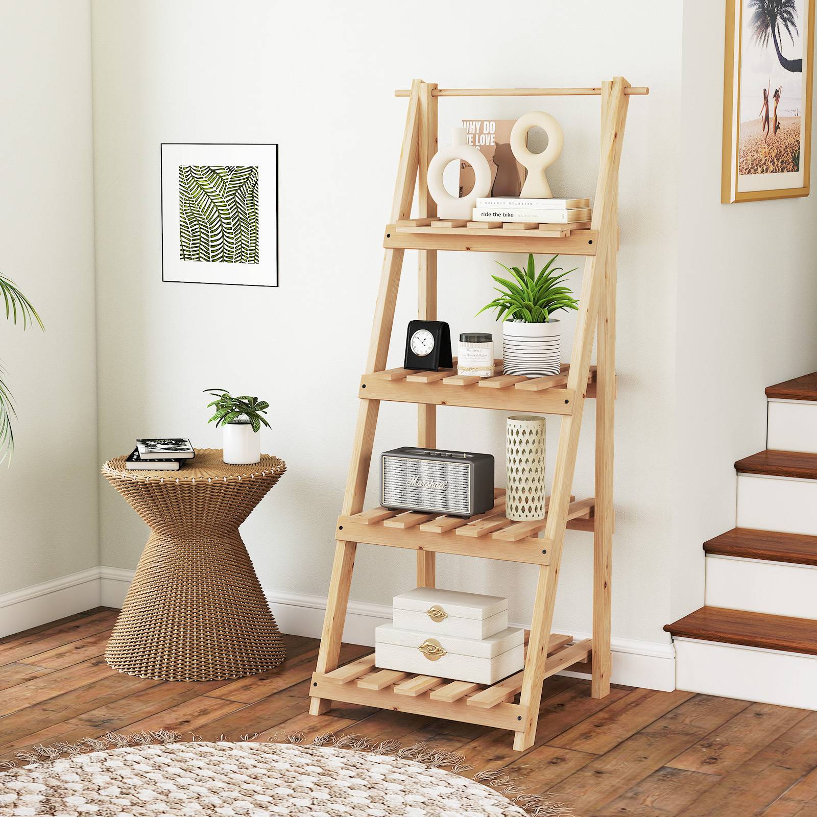 Étagère de Jardin en Bois de Sapin 4 Niveaux, Echelle à Fleurs de 109CM de Hauteur, Support de Plante d'Intérieur Extérieur pour Salon Balcon, Naturel - Image 2