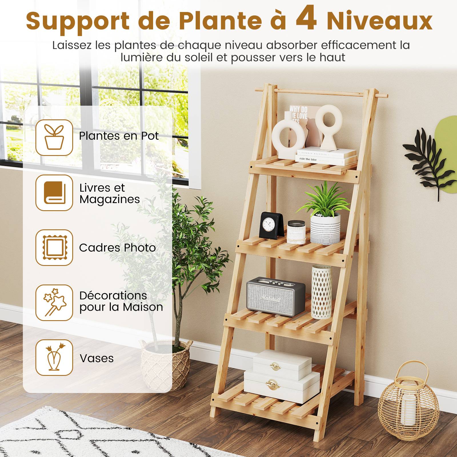 Étagère de Jardin en Bois de Sapin 4 Niveaux, Echelle à Fleurs de 109CM de Hauteur, Support de Plante d'Intérieur Extérieur pour Salon Balcon, Naturel - Image 5