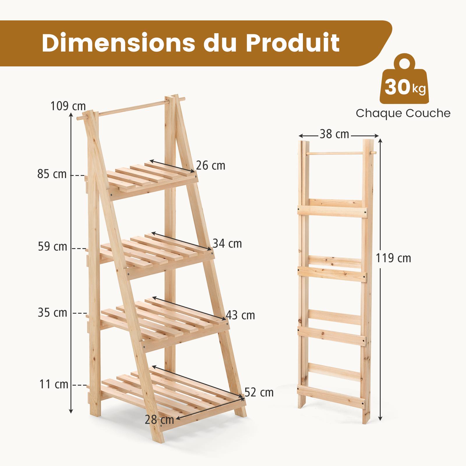 Étagère de Jardin en Bois de Sapin 4 Niveaux, Echelle à Fleurs de 109CM de Hauteur, Support de Plante d'Intérieur Extérieur pour Salon Balcon, Naturel - Image 3