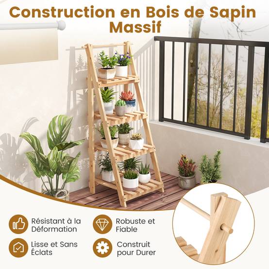 Étagère de Jardin en Bois de Sapin 4 Niveaux, Echelle à Fleurs de 109CM de Hauteur, Support de Plante d'Intérieur Extérieur pour Salon Balcon, Naturel - Image 4