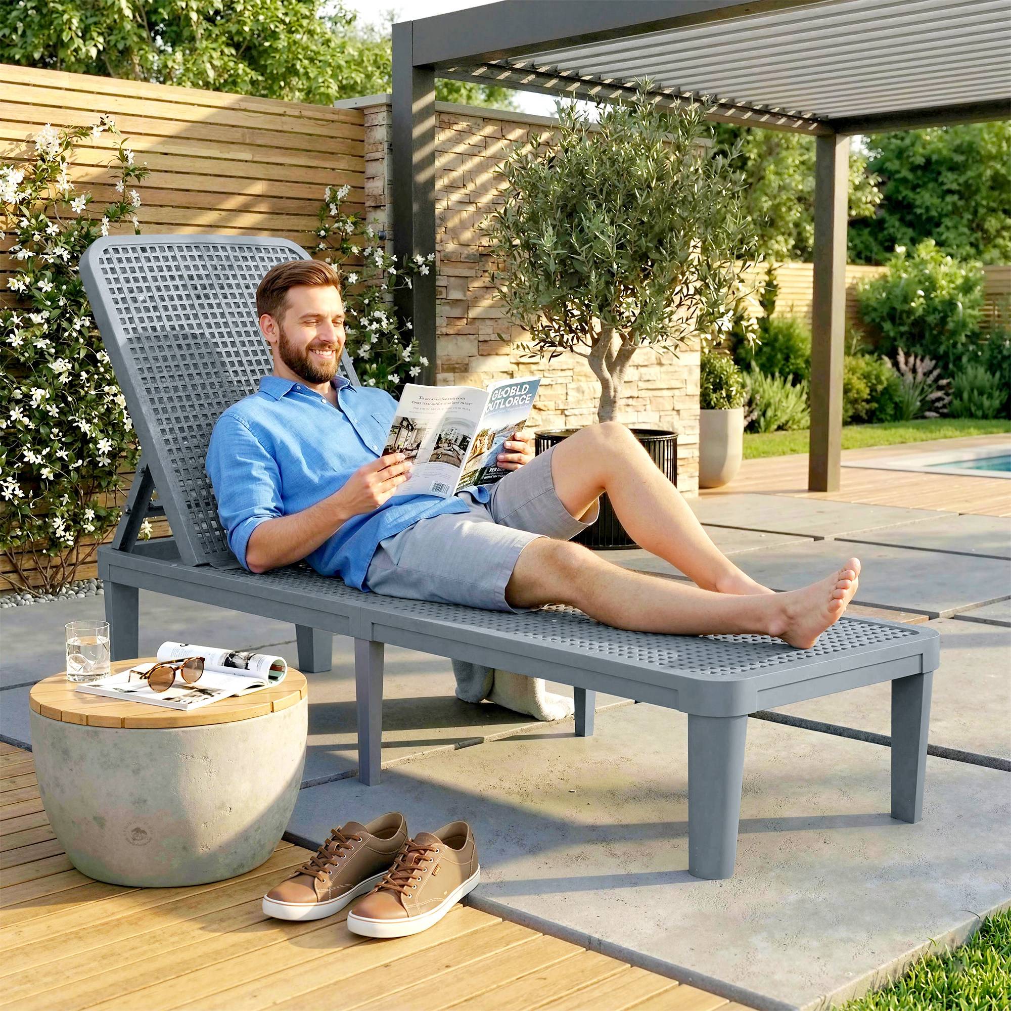Chaise longue de jardin inclinable avec dossier réglable 4 positions et structure en PP 191 x 55 x 35,5 cm Gris foncé - Image 10