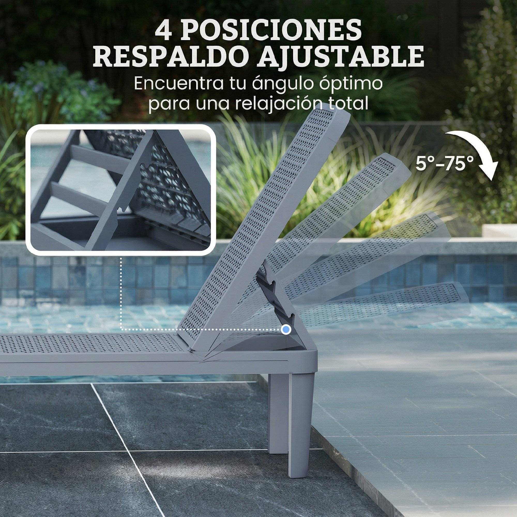 Chaise longue de jardin inclinable avec dossier réglable 4 positions et structure en PP 191 x 55 x 35,5 cm Gris foncé - Image 7