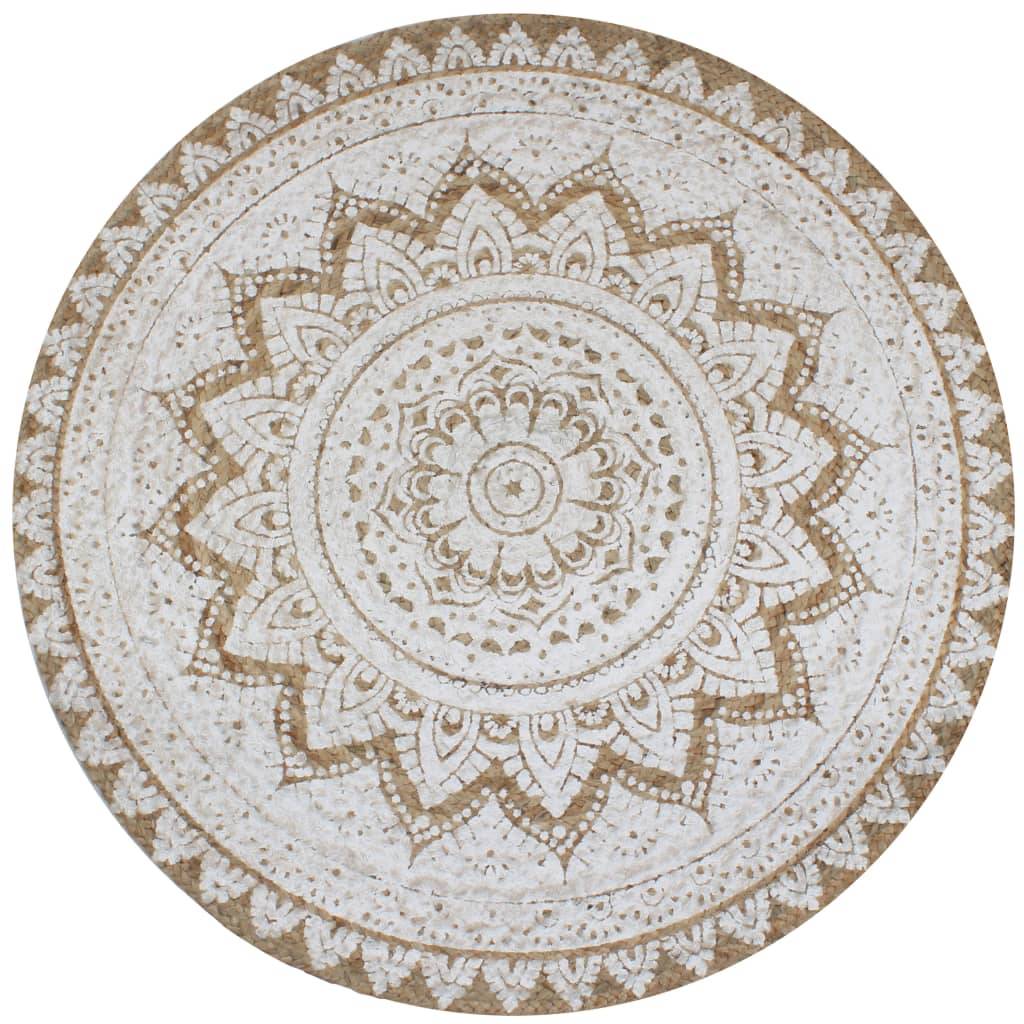 Grand Tapis Rond en Jute Tressé Fait Main Motif Mandala Réversible Naturel et Blanc 150 cm – ComfortXL Outdoor Living - Image 1