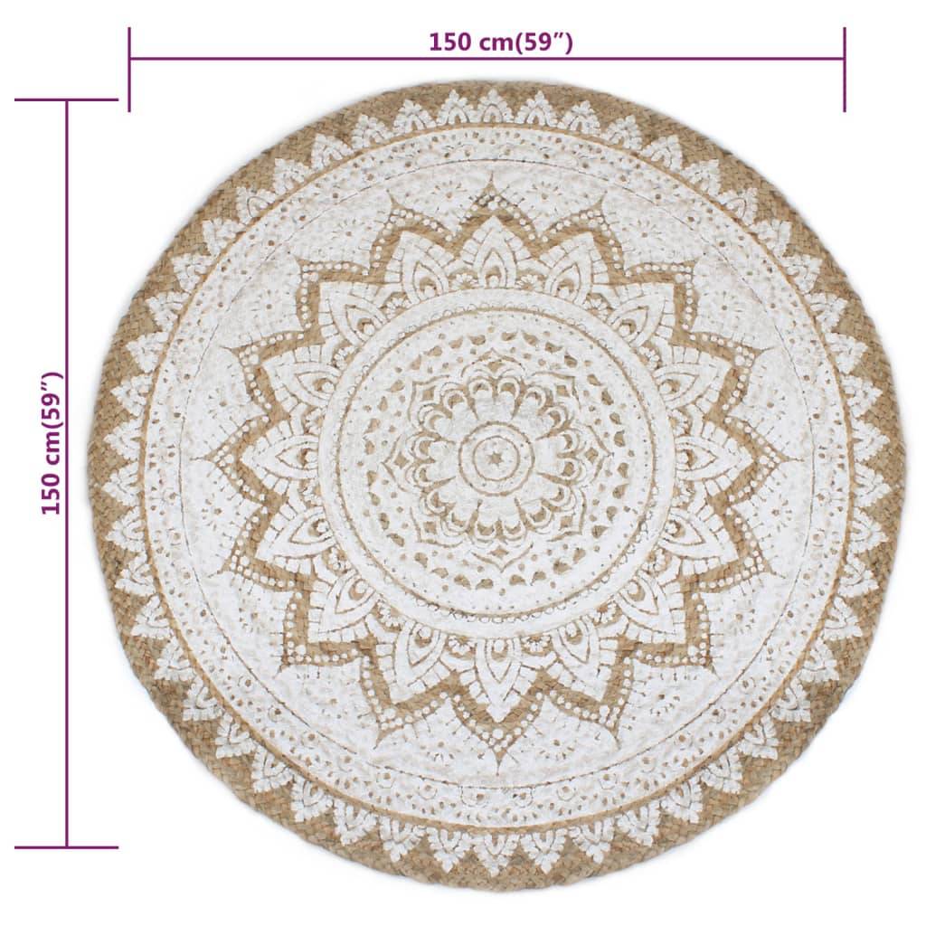 Grand Tapis Rond en Jute Tressé Fait Main Motif Mandala Réversible Naturel et Blanc 150 cm – ComfortXL Outdoor Living - Image 6