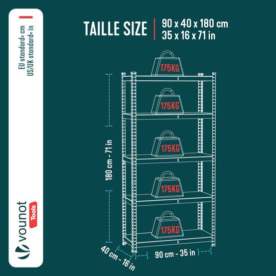 Vounot - Etagères métalliques charge lourde 875kg - 90x40x180cm - 5 tablettes réglables - rayonnage robuste VOUNOT® - Image 3