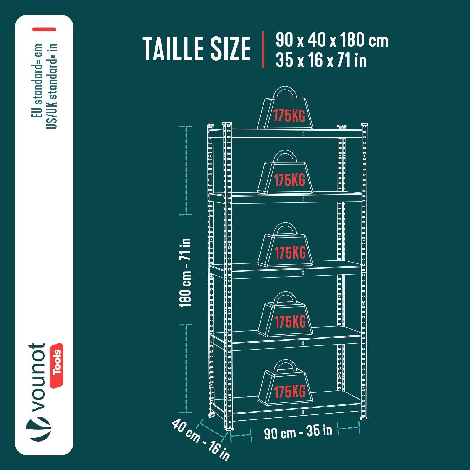 Vounot - Etagères métalliques charge lourde 875kg - 90x40x180cm - 5 tablettes réglables - rayonnage robuste VOUNOT® - Image 3