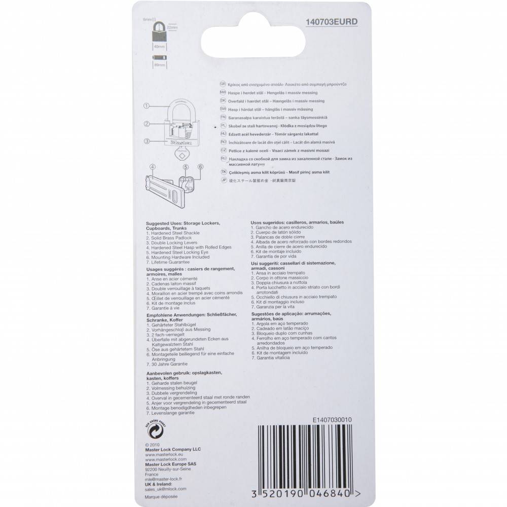 Master Lock - Pack moraillon de porte + cadenas à clé MASTERLOCK - 140703EURD - Imagen 7