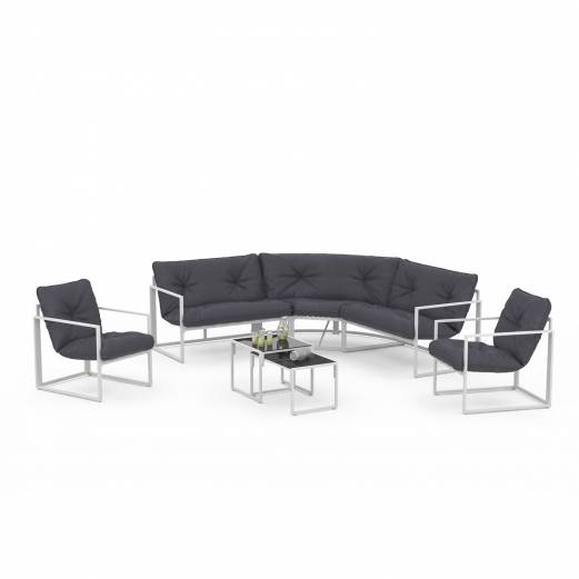 IDMARKET - Salon de jardin bas NAIROBI 8 places salon d'angle en acier blanc et coussins gris - Image 1