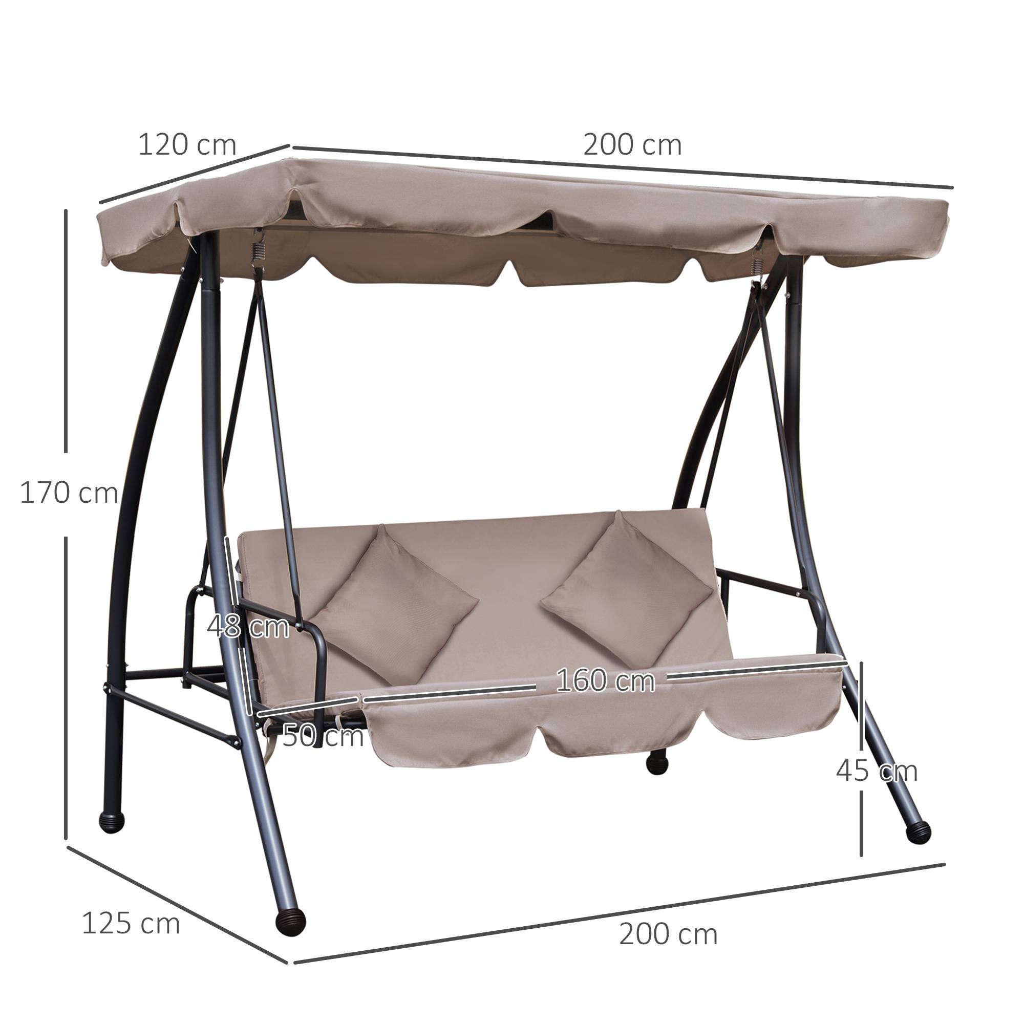 Outsunny - Balancelle de jardin convertible 3 places grand confort inclinaison toit réglable matelas fourni métal polyester noir et beige - Outsunny - Imagen 3
