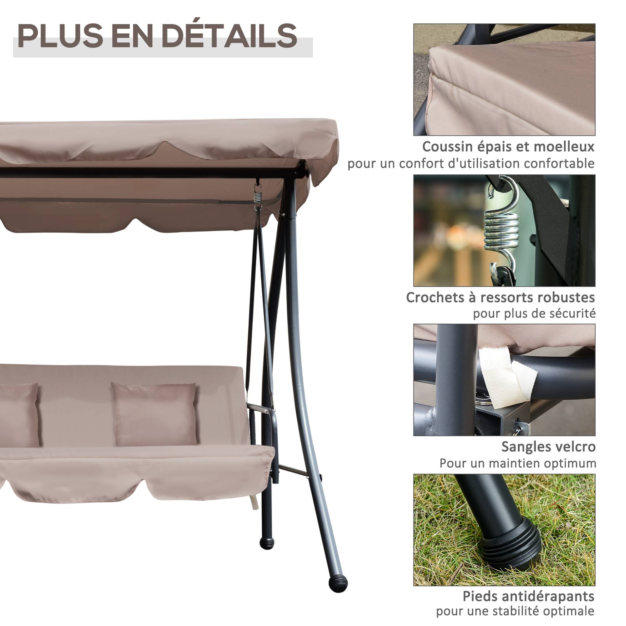 Outsunny - Balancelle de jardin convertible 3 places grand confort inclinaison toit réglable matelas fourni métal polyester noir et beige - Outsunny - Imagen 5
