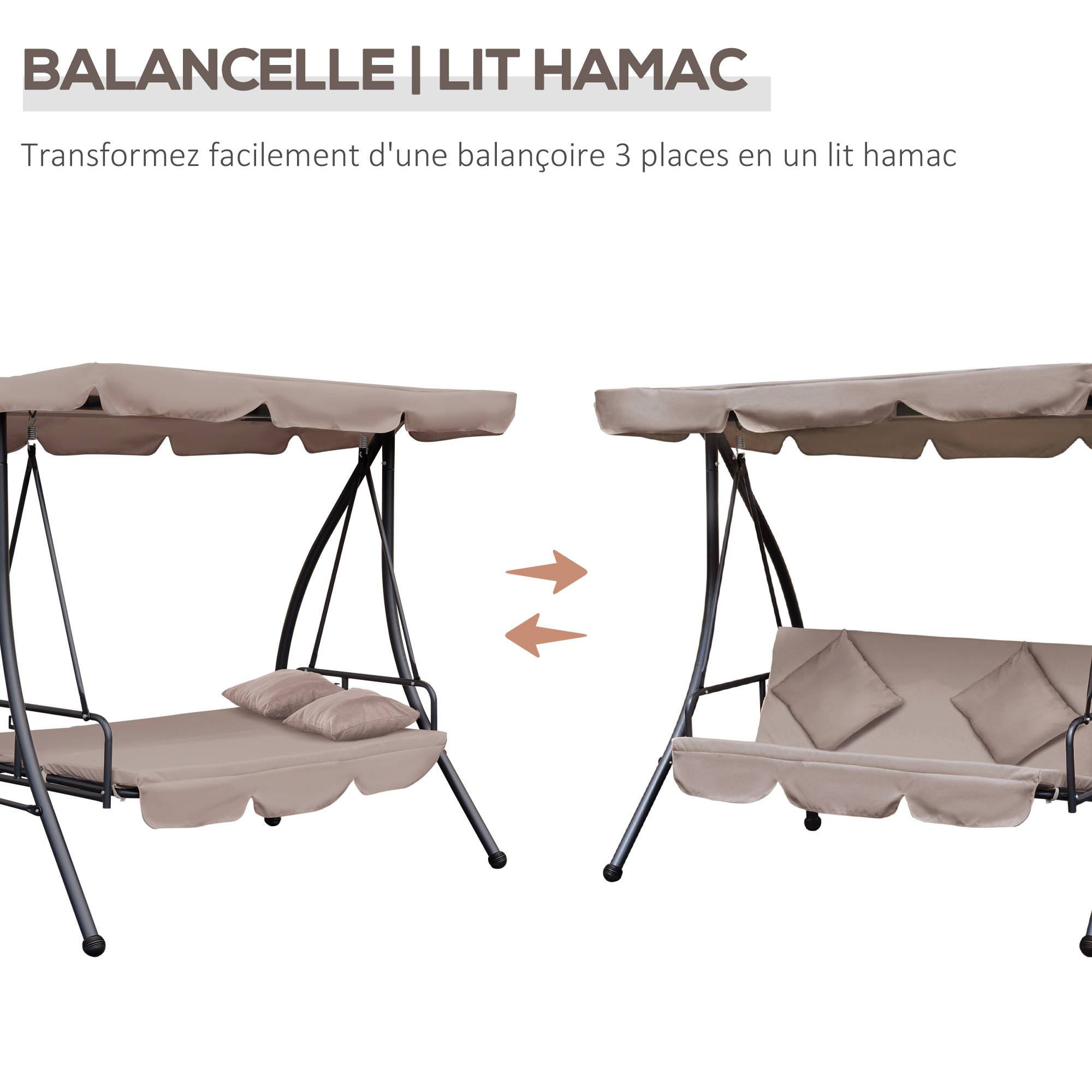 Outsunny - Balancelle de jardin convertible 3 places grand confort inclinaison toit réglable matelas fourni métal polyester noir et beige - Outsunny - Imagen 6