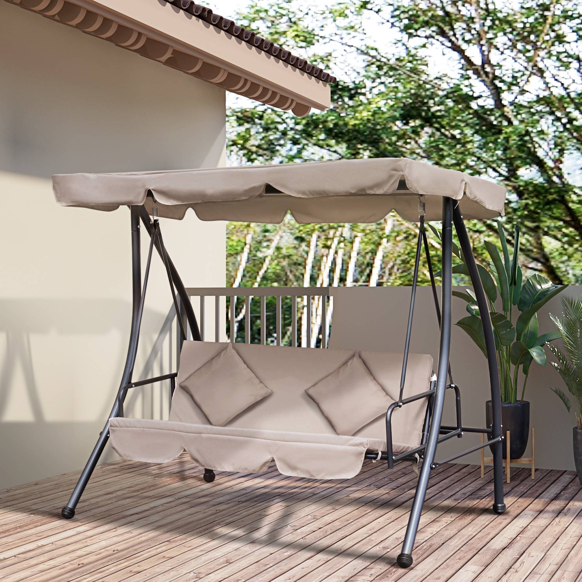 Outsunny - Balancelle de jardin convertible 3 places grand confort inclinaison toit réglable matelas fourni métal polyester noir et beige - Outsunny - Imagen 2