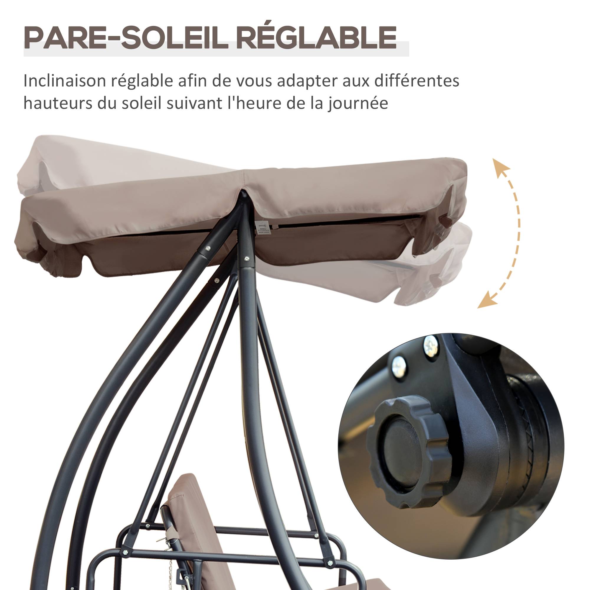 Outsunny - Balancelle de jardin convertible 3 places grand confort inclinaison toit réglable matelas fourni métal polyester noir et beige - Outsunny - Imagen 4