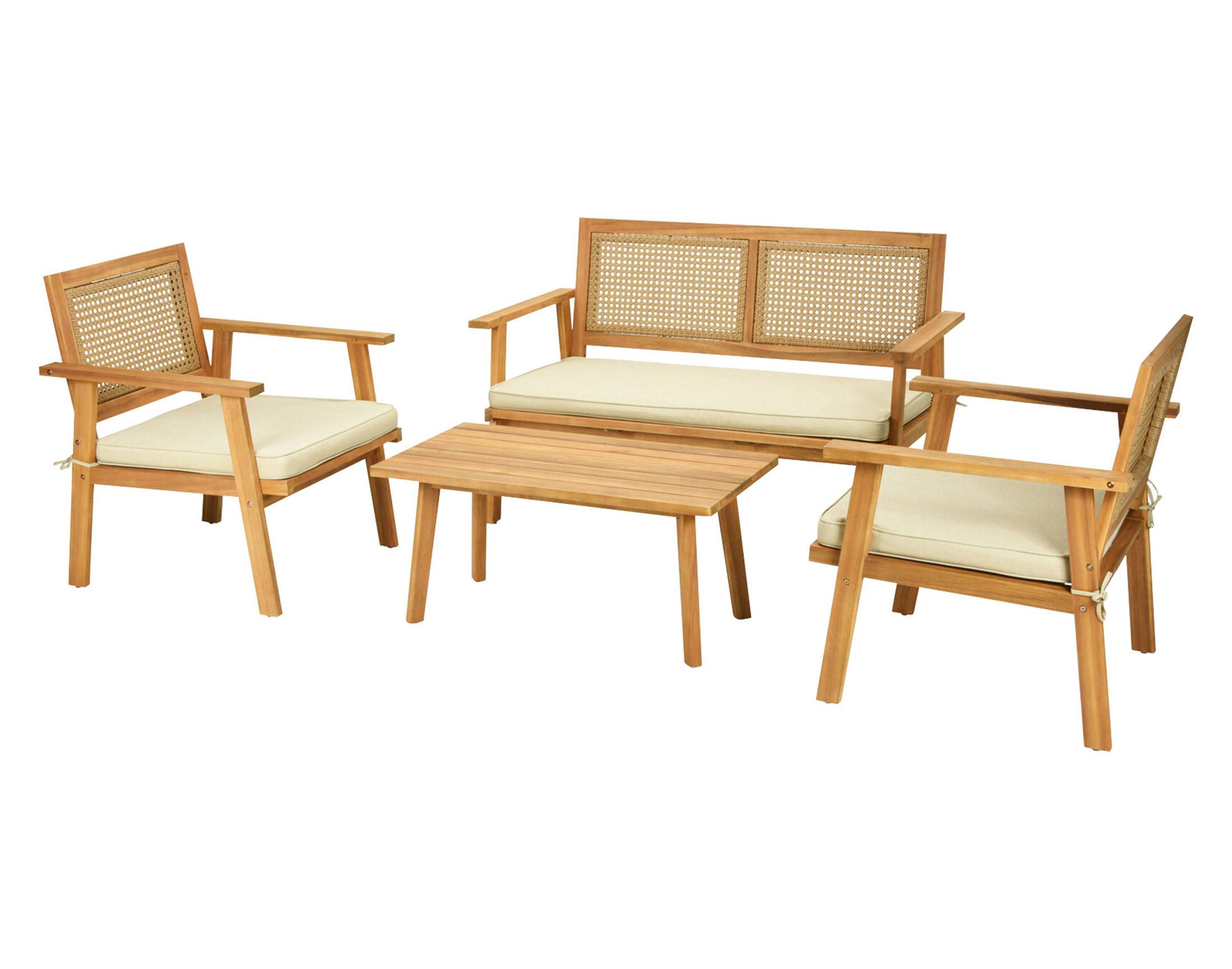 Best Mobilier - Siboney - salon bas de jardin 4 places - bois, cannage et coussins beiges - Best Mobilier - Imagen 1