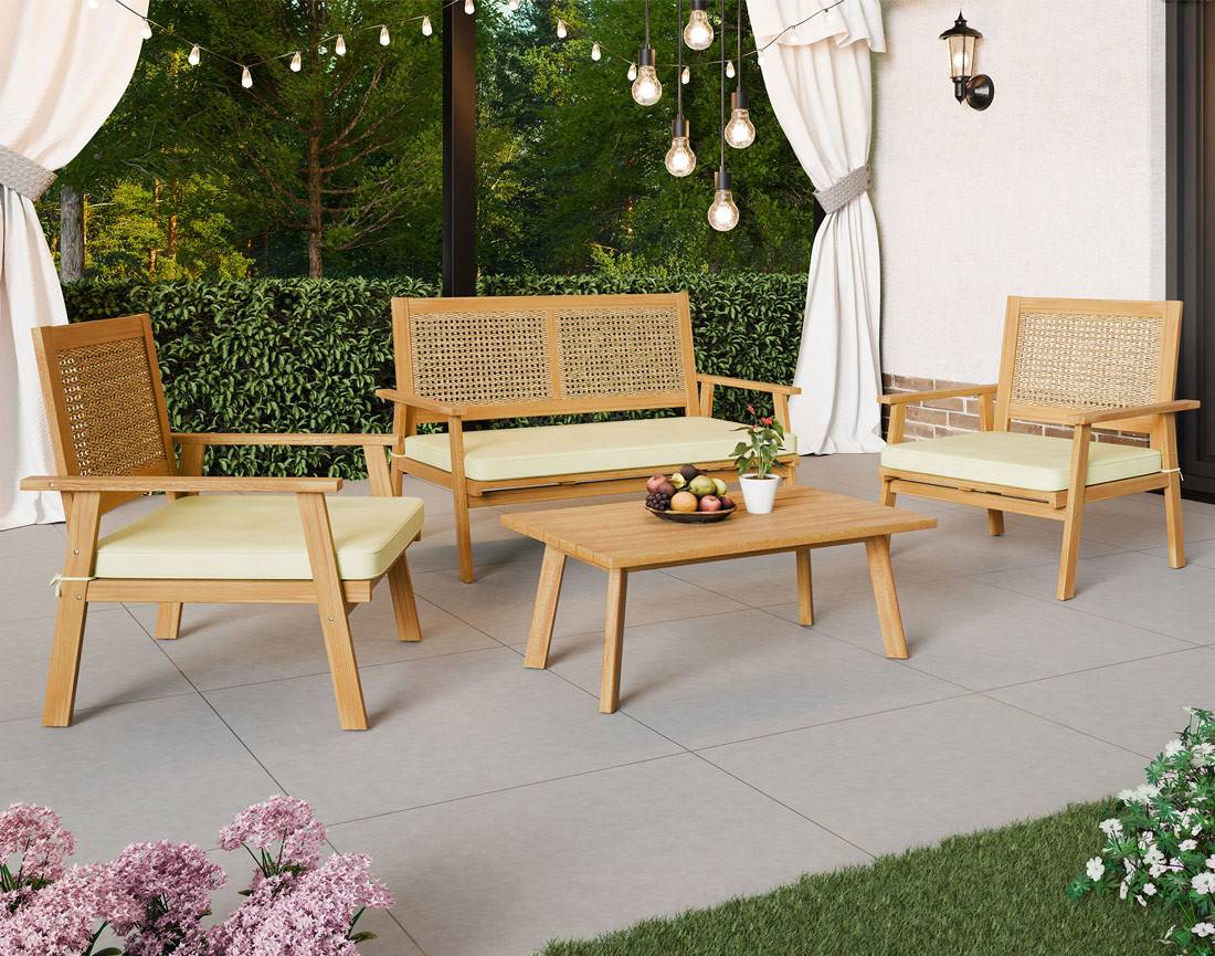 Best Mobilier - Siboney - salon bas de jardin 4 places - bois, cannage et coussins beiges - Best Mobilier - Imagen 2