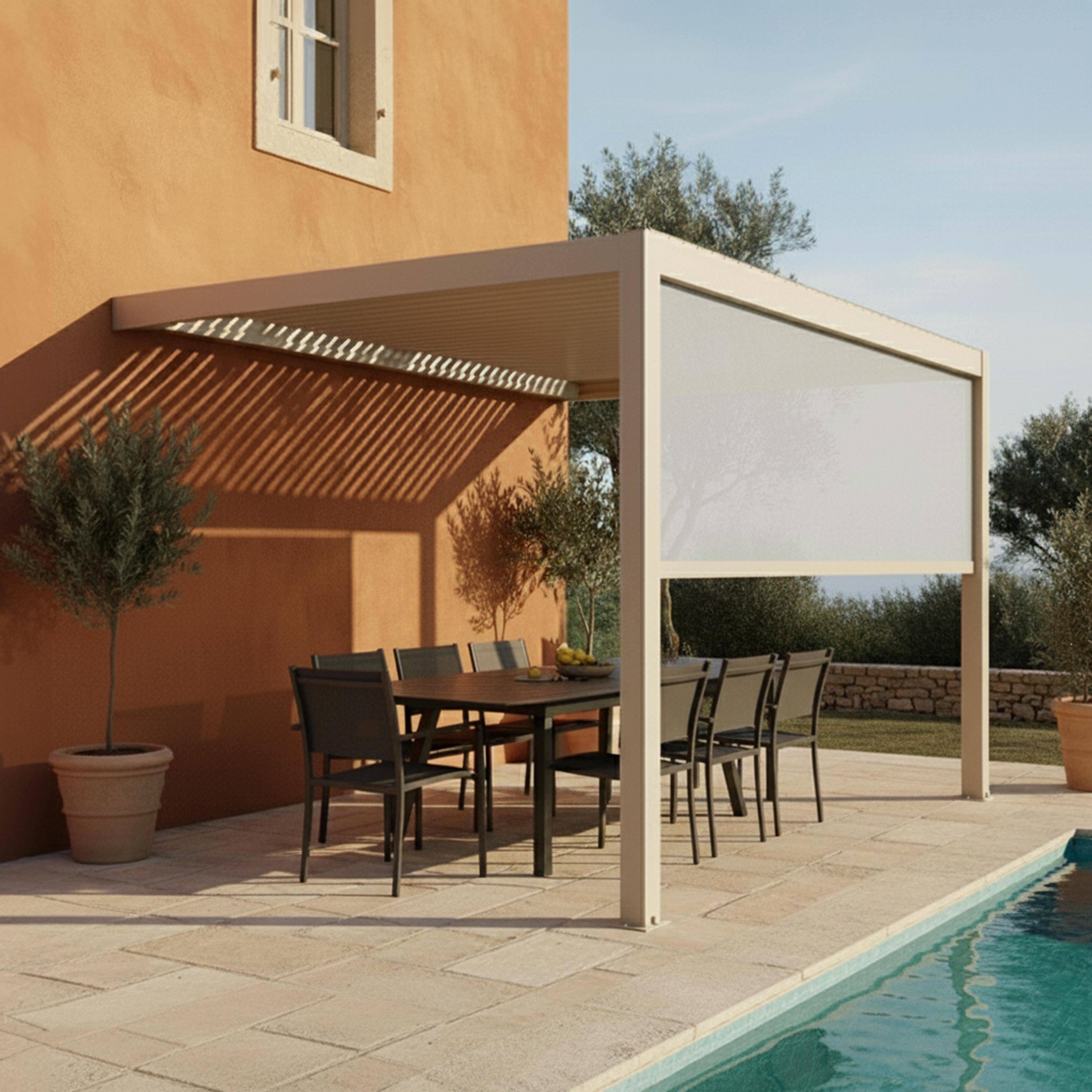 Oviala - Pergola bioclimatique adossée 3x4 m et 1 store bois crème Oia - Oviala - Image 3