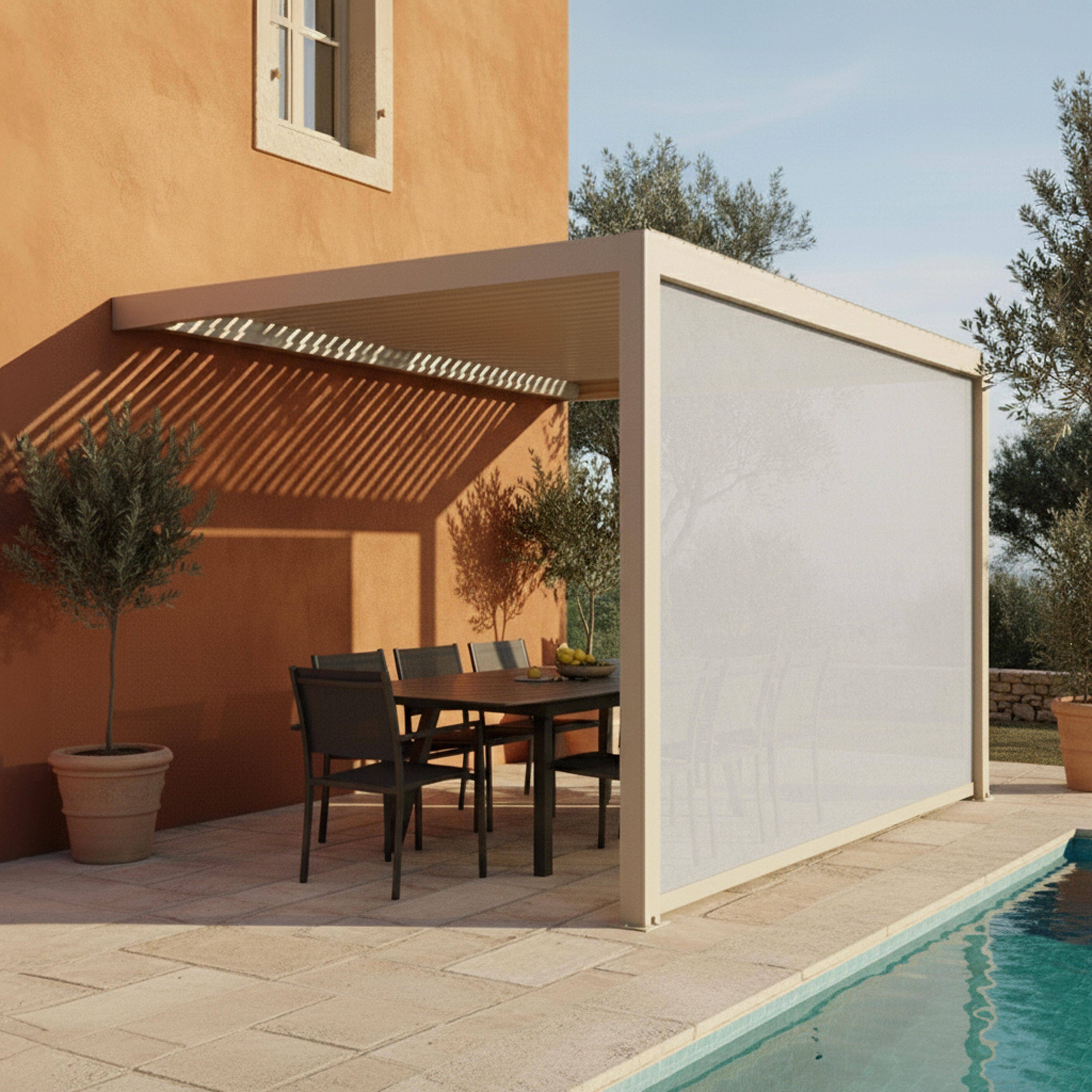Oviala - Pergola bioclimatique adossée 3x4 m et 1 store bois crème Oia - Oviala - Image 1