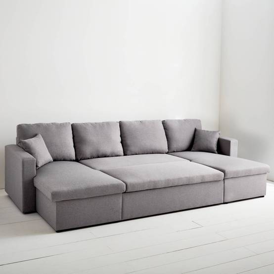 Canapé panoramique convertible en tissu gris clair. 4 places. coffre rangement. lit modulable | sweeek - Image 3