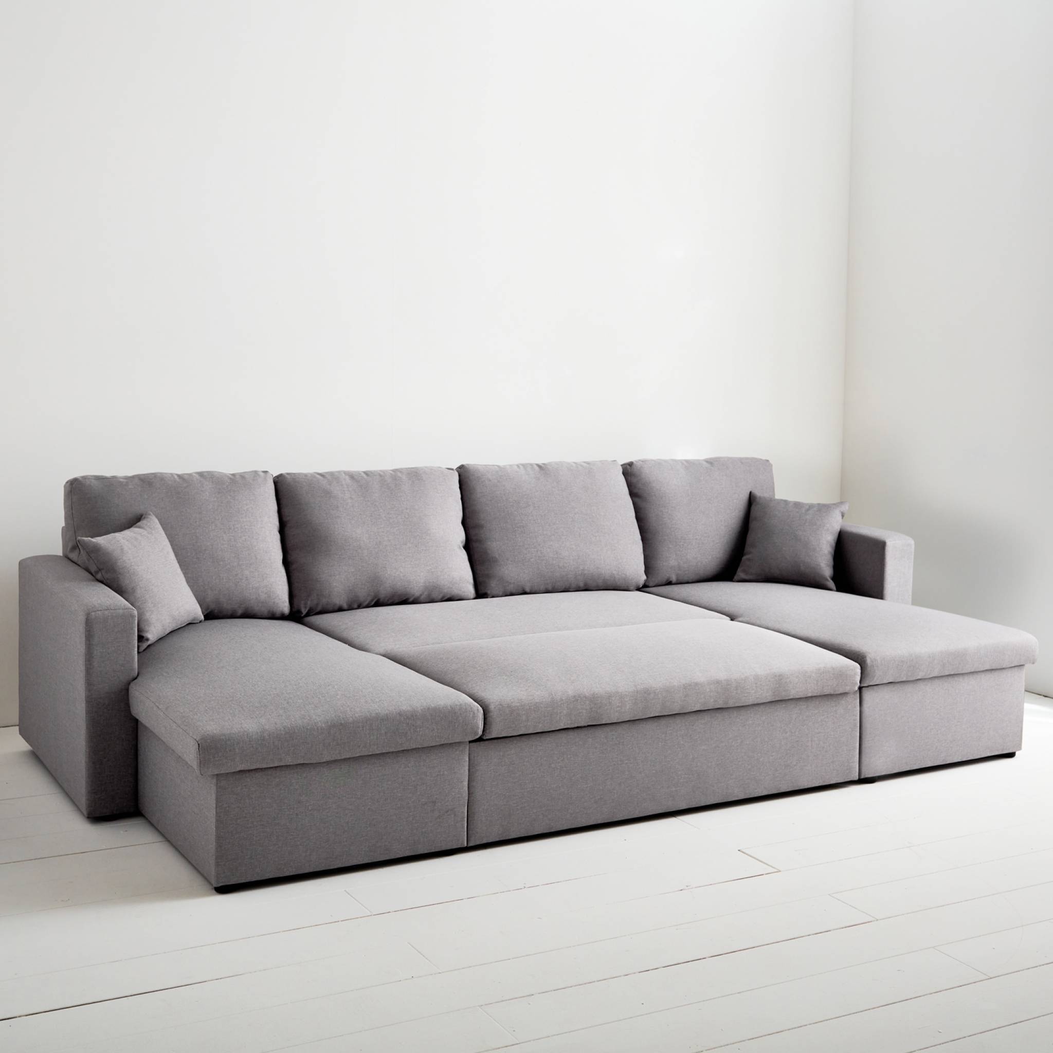 Canapé panoramique convertible en tissu gris clair. 4 places. coffre rangement. lit modulable  | sweeek - Image 3