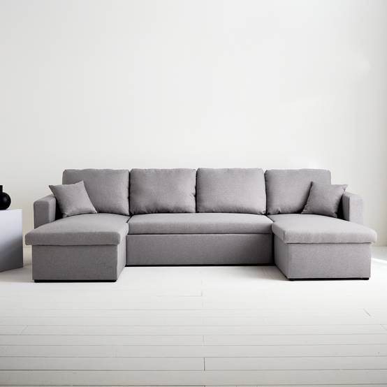 Canapé panoramique convertible en tissu gris clair. 4 places. coffre rangement. lit modulable | sweeek - Image 1