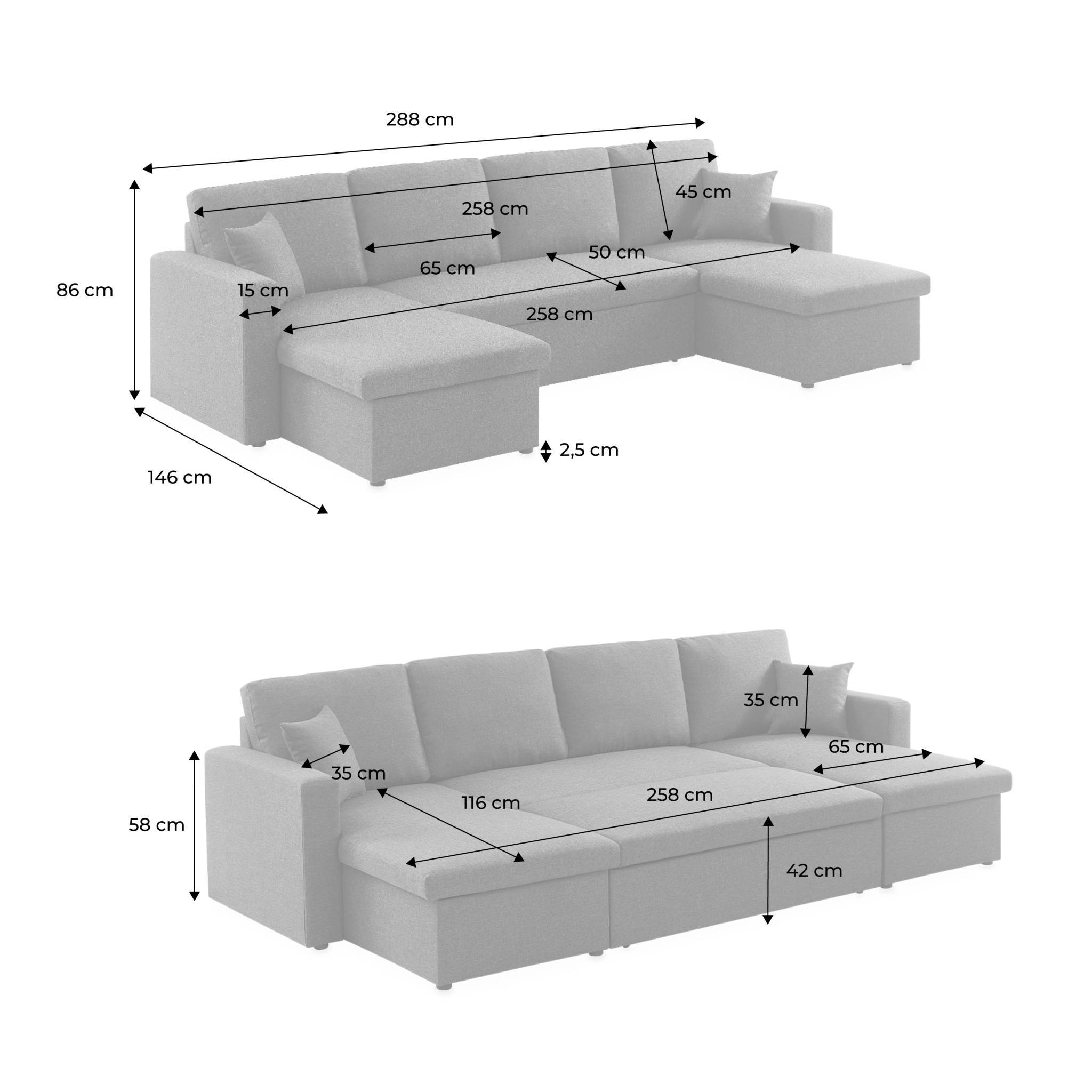 Canapé panoramique convertible en tissu gris clair. 4 places. coffre rangement. lit modulable  | sweeek - Image 4