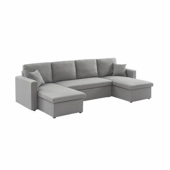 Canapé panoramique convertible en tissu gris clair. 4 places. coffre rangement. lit modulable | sweeek - Image 2