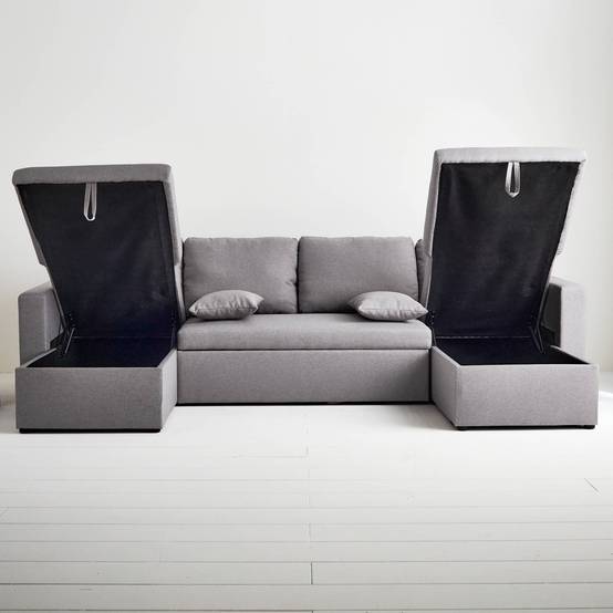 Canapé panoramique convertible en tissu gris clair. 4 places. coffre rangement. lit modulable | sweeek - Image 6