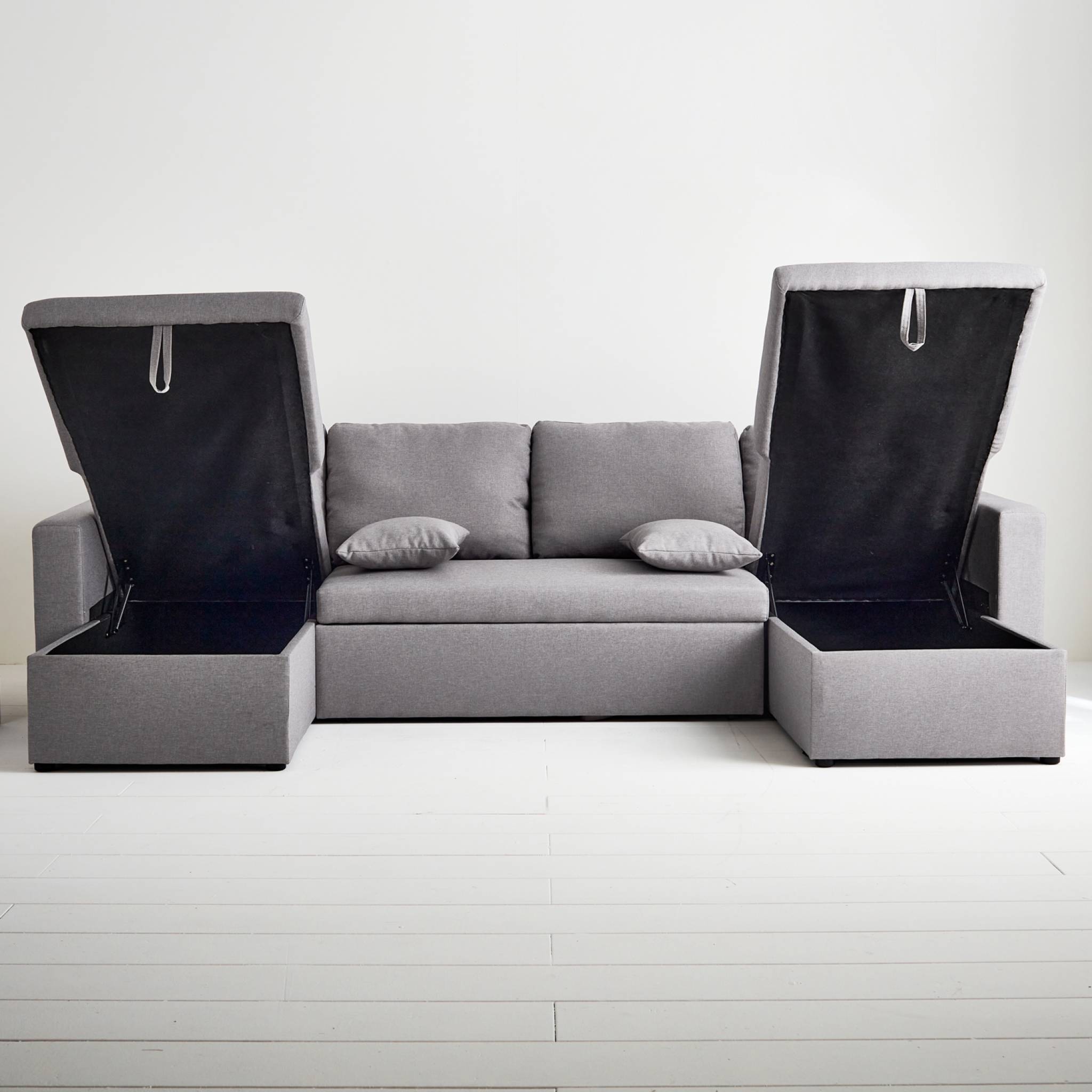 Canapé panoramique convertible en tissu gris clair. 4 places. coffre rangement. lit modulable  | sweeek - Image 6