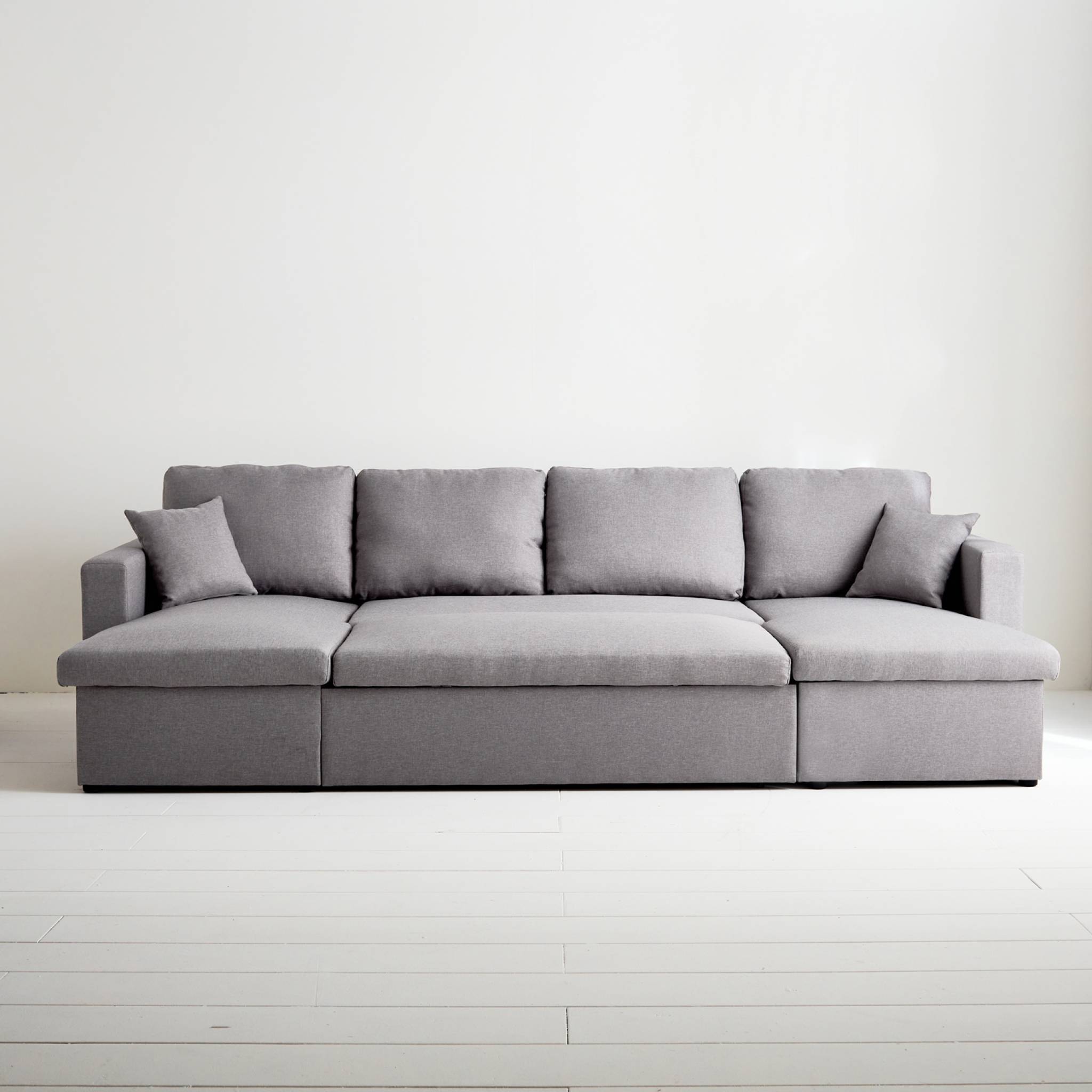 Canapé panoramique convertible en tissu gris clair. 4 places. coffre rangement. lit modulable  | sweeek - Image 5
