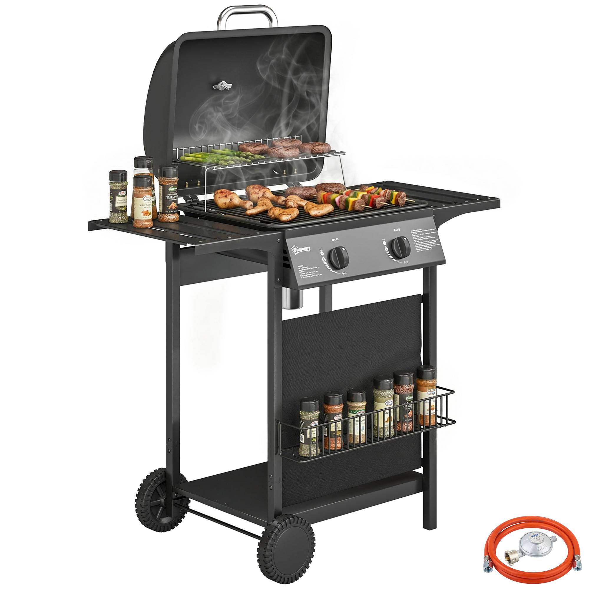 Sans Marque - Barbacoa Gas BBQ 2 Brûleurs 5kW Thermomètre Tables Latérales Étagère Grille Réchaud 2 Roues Noir