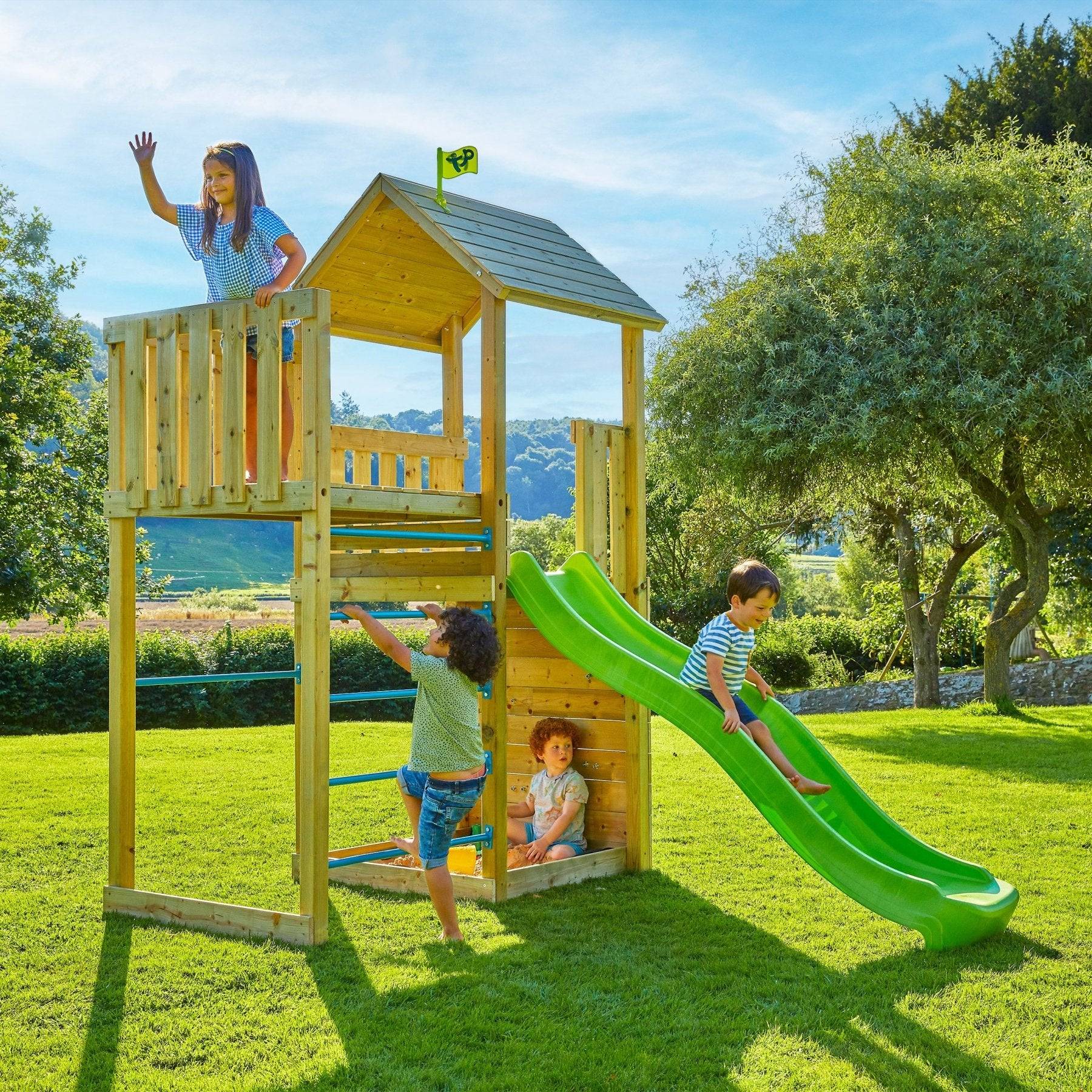 Tp Toys - AIre de jeux tour avec mur d'escalade et toboggan - bois FSC® - H270 cm - CLÉMATITE SKYWOOD - Imagen 1