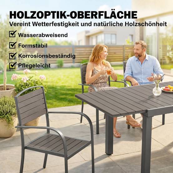 ComfortXL - Salon de jardin 7 pièces aluminium gris table extensible 150-225 cm 6 chaises empilables effet bois terrasse - Image 6