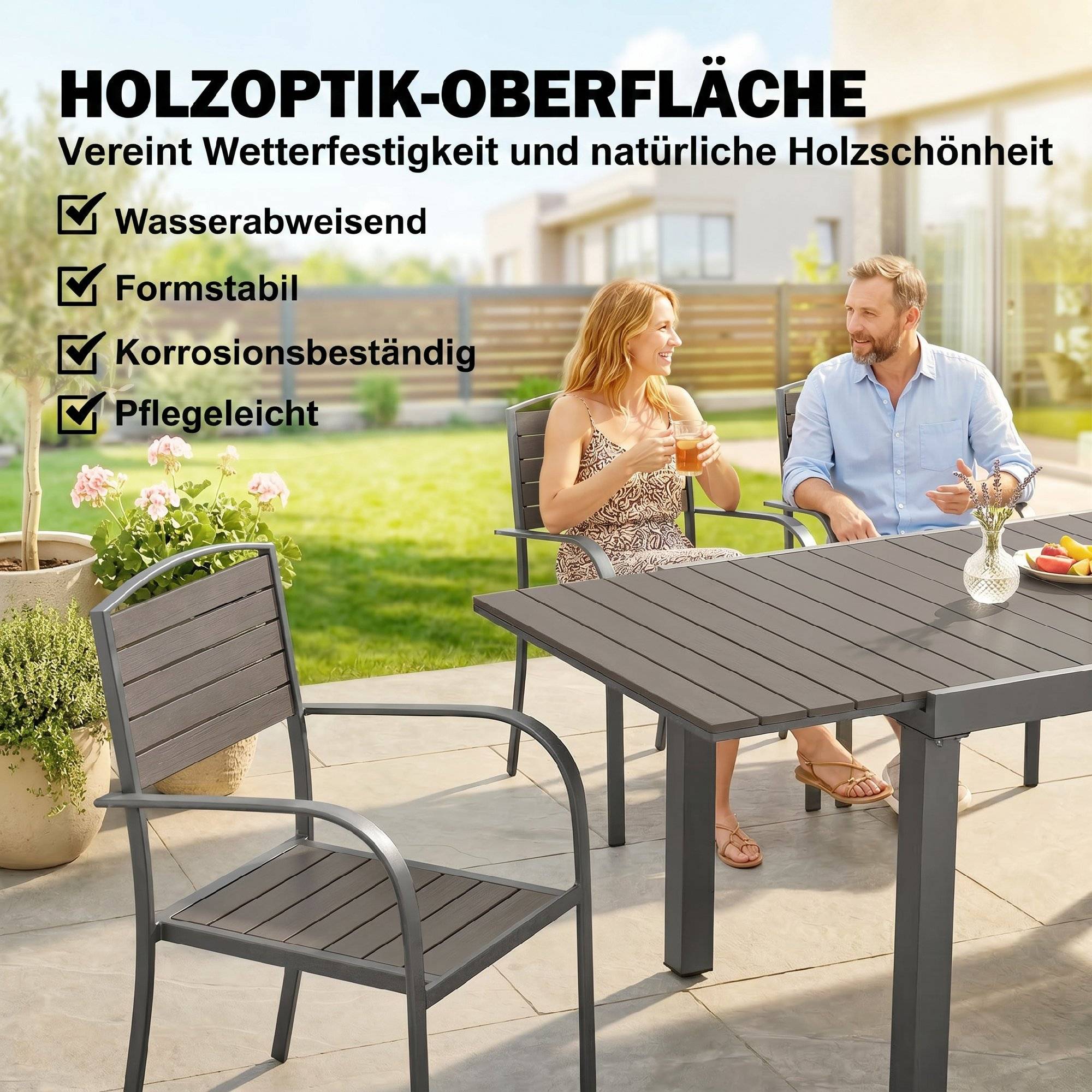 ComfortXL - Salon de jardin 7 pièces aluminium gris table extensible 150-225 cm 6 chaises empilables effet bois terrasse - Image 6