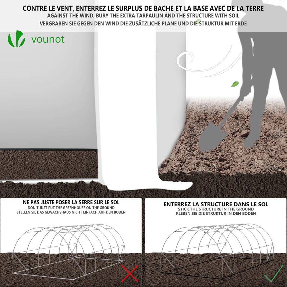 Vounot - Serre de jardin tunnel Toute Saison 18m² - 6L x 3l x 2H m - fenêtres et portes latérales zippées enroulables, barre anti-tempête - Image 6