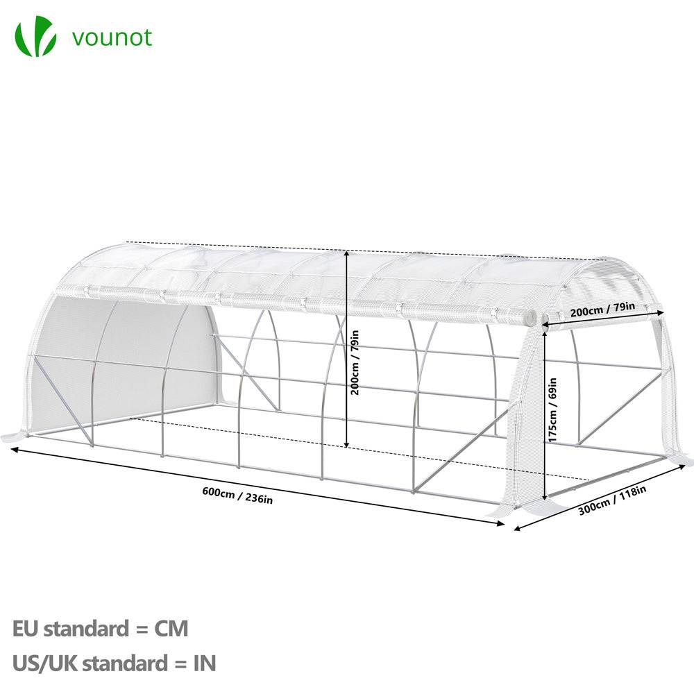 Vounot - Serre de jardin tunnel Toute Saison 18m² - 6L x 3l x 2H m - fenêtres et portes latérales zippées enroulables, barre anti-tempête - Image 2