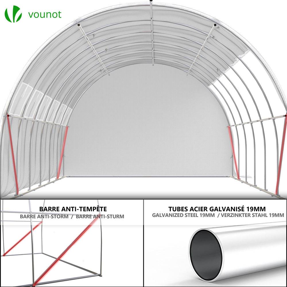 Vounot - Serre de jardin tunnel Toute Saison 18m² - 6L x 3l x 2H m - fenêtres et portes latérales zippées enroulables, barre anti-tempête - Image 7