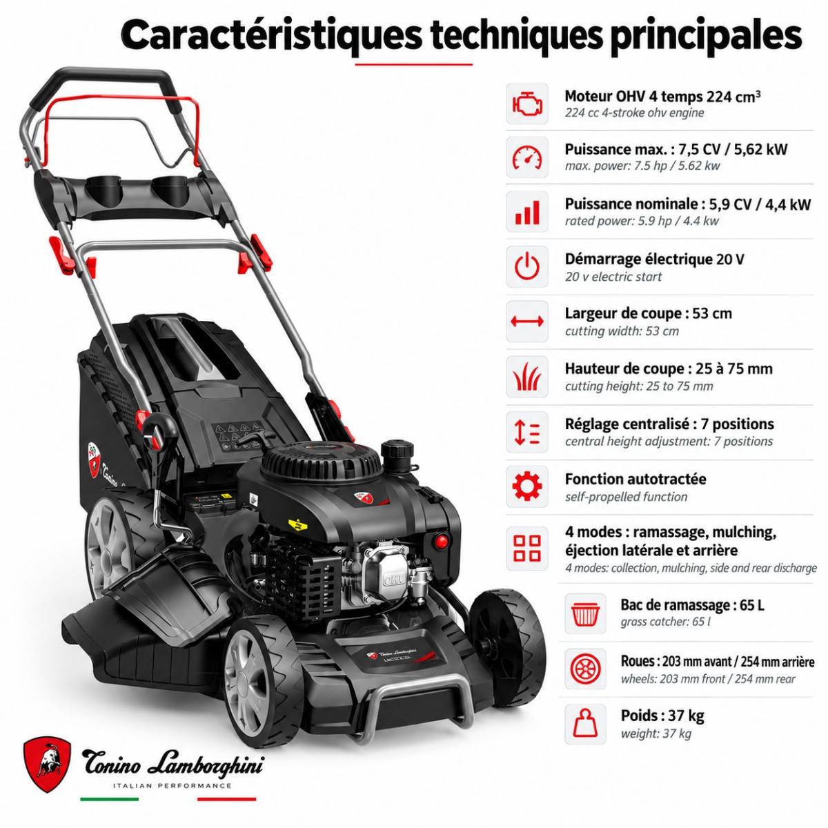 Tondeuse à Gazon Thermique Autotractée 4T 224 cm³ 7,5 CV - 53 cm 4-en-1 Démarrage Électrique 20 V Bac 65 L Tonino Lamborghini - Image 4