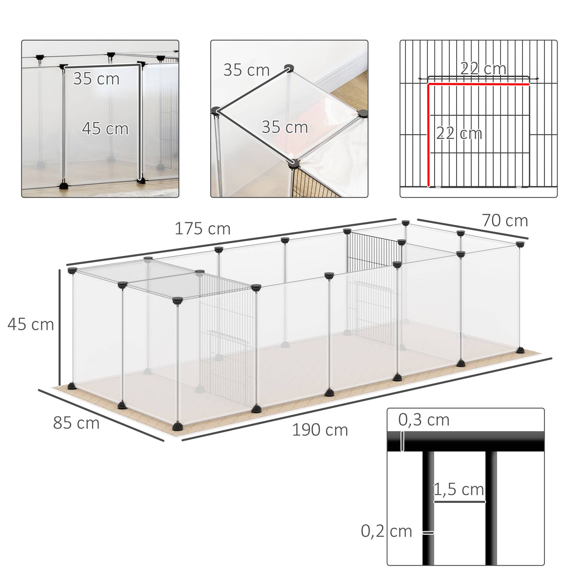 Enclos pour animaux de compagnie DIY avec 20 panneaux et tapis, parc pour petits animaux pour cochons d'Inde, lapins 175x70x45 cm Blanc - Image 5