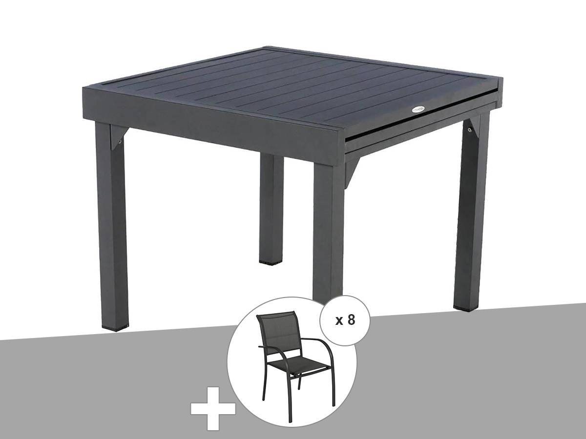 Hesperide - Ensemble repas table extensible alu 4/8 places Graphite + 8 fauteuils Piazza - Hespéride - Image 1