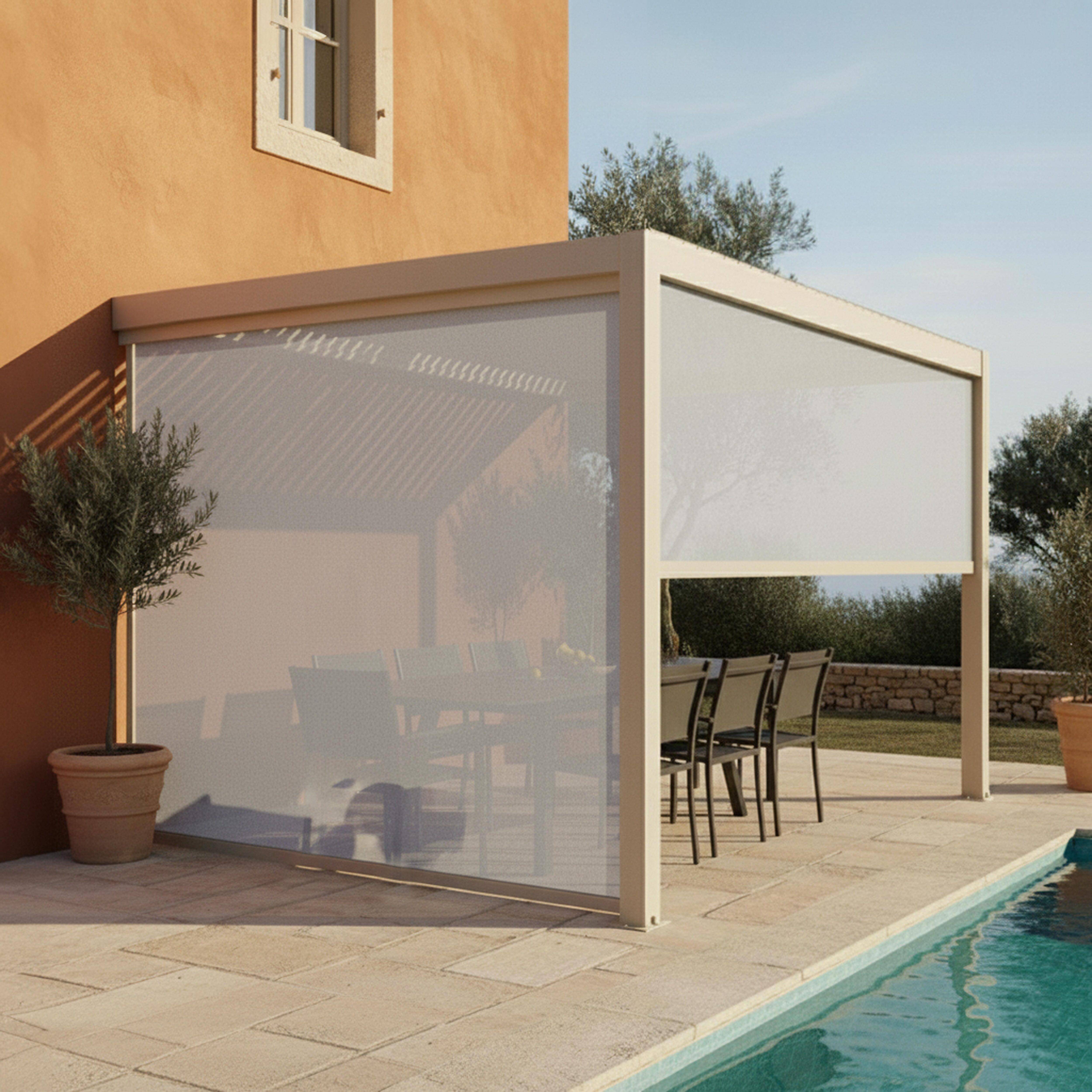 Oviala - Pergola bioclimatique adossée 3x4 m et 2 stores bois crème Oia - Oviala - Image 1