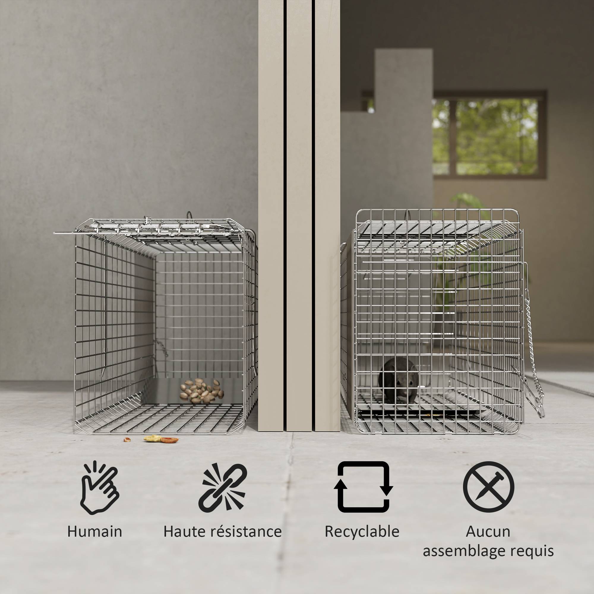 Piège cage de capture pliante pour petits animaux type rats et souris - 2 portes poignée 81 x 26 x 34,5 cm acier gris - Image 6