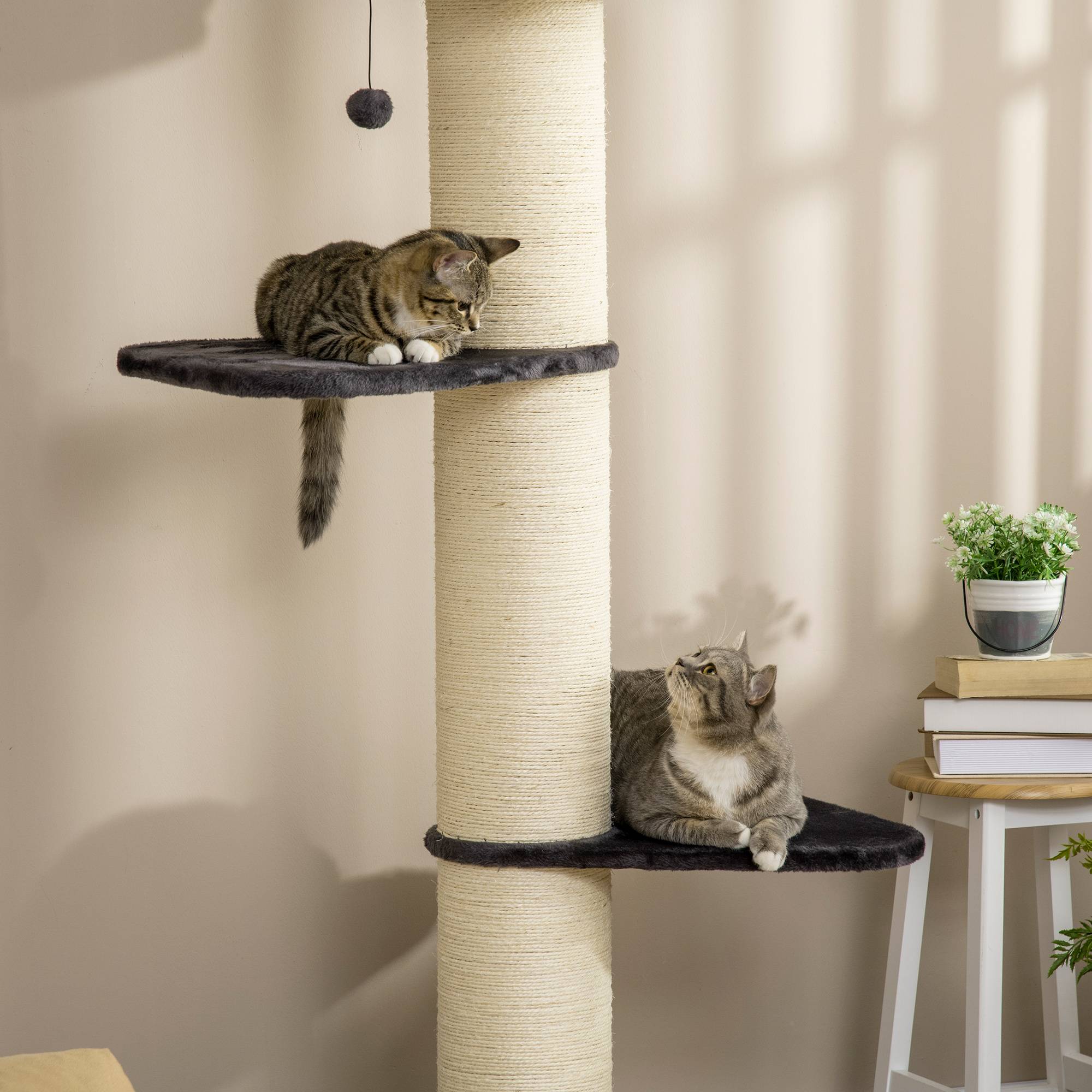 Pawhut - Arbre à chat griffoir sisal naturel 2 plateformes panier observation jeu boule suspendue peluche grise - Imagen 7