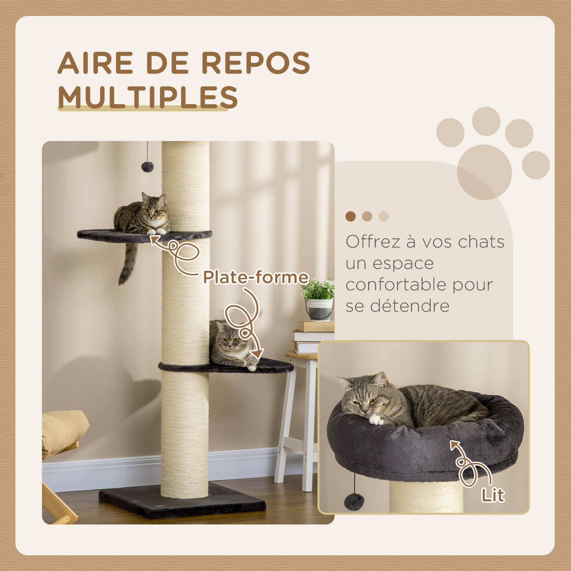Pawhut - Arbre à chat griffoir sisal naturel 2 plateformes panier observation jeu boule suspendue peluche grise - Imagen 4