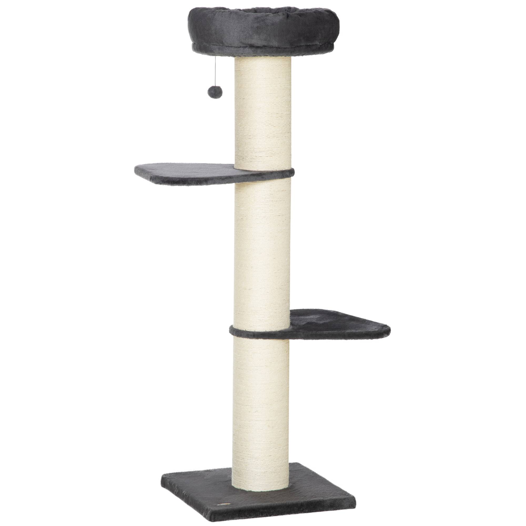 Pawhut - Arbre à chat griffoir sisal naturel 2 plateformes panier observation jeu boule suspendue peluche grise - Imagen 1